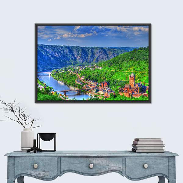 View Over Cochem On The Moselle In Germany Canvas Wall Art-1 Piece-Floating Frame-24" x 16"-Tiaracle