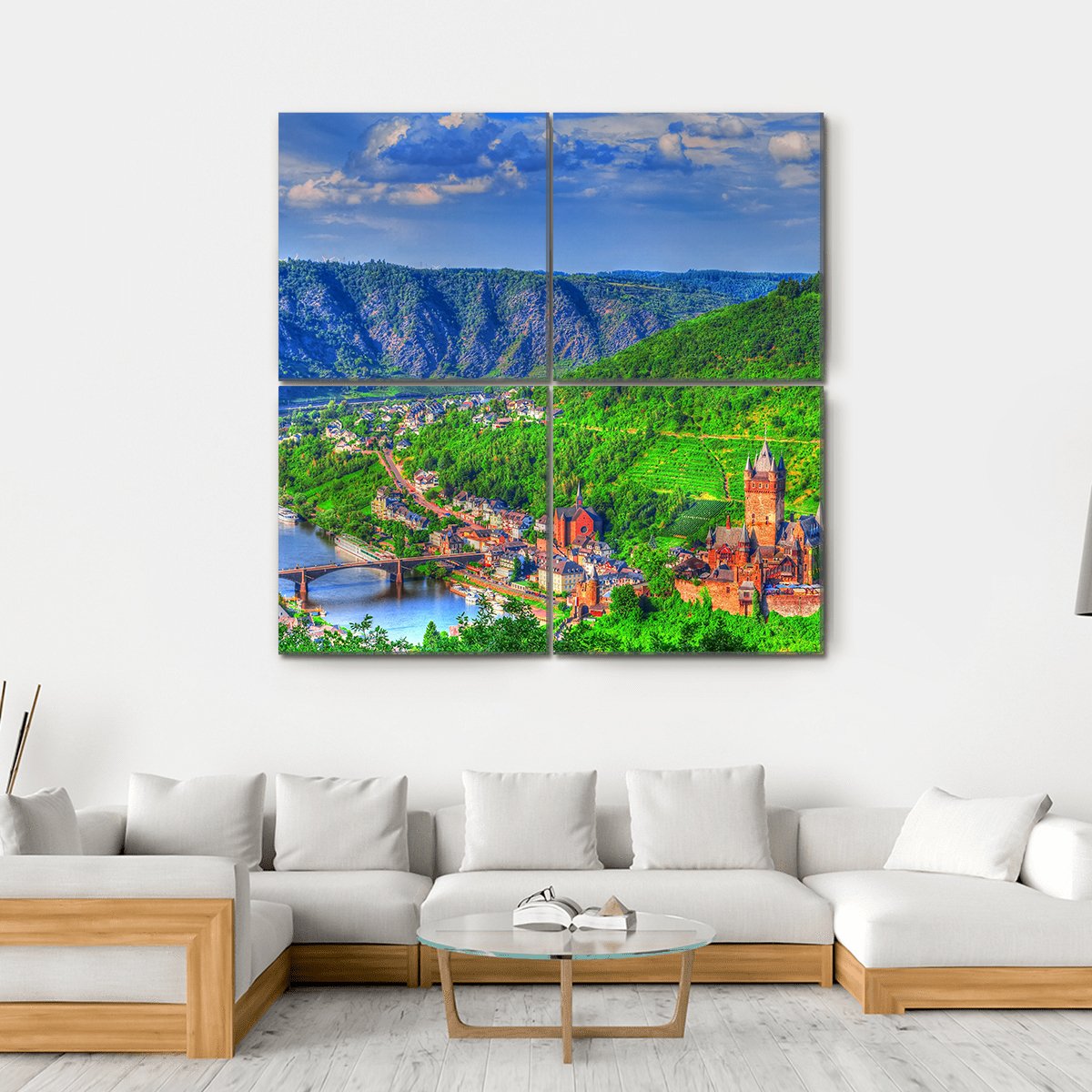 View Over Cochem On The Moselle In Germany Canvas Wall Art-4 Square-Gallery Wrap-17" x 17"-Tiaracle