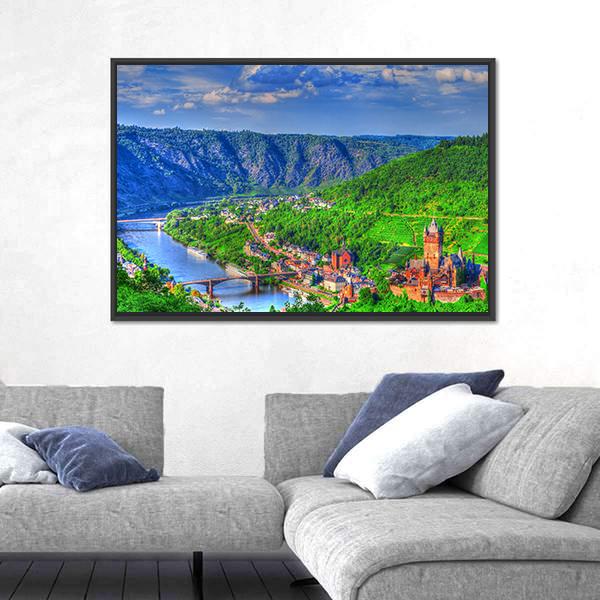 View Over Cochem On The Moselle In Germany Canvas Wall Art-3 Horizontal-Gallery Wrap-25" x 16"-Tiaracle