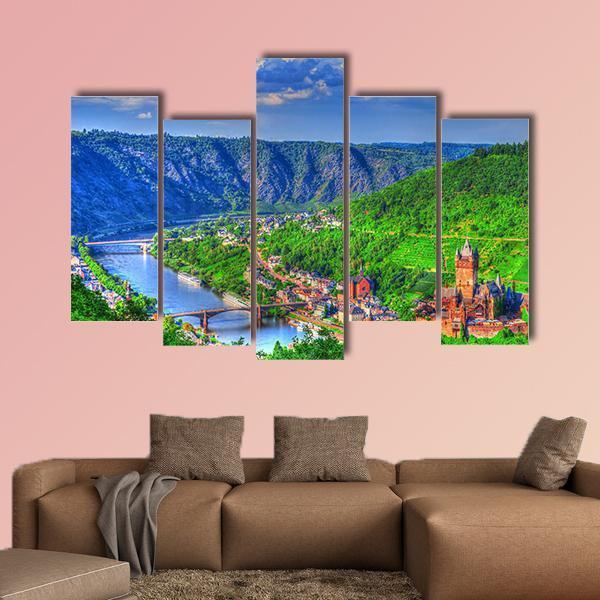 View Over Cochem On The Moselle In Germany Canvas Wall Art-5 Pop-Gallery Wrap-47" x 32"-Tiaracle