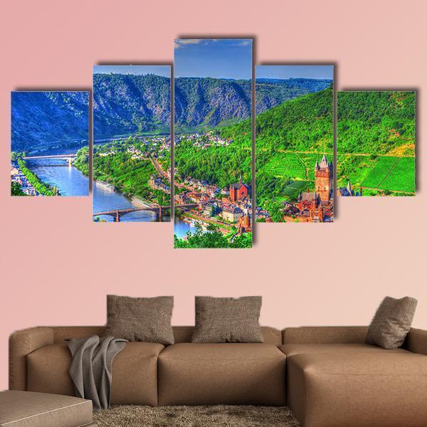 View Over Cochem On The Moselle In Germany Canvas Wall Art-5 Star-Gallery Wrap-62" x 32"-Tiaracle