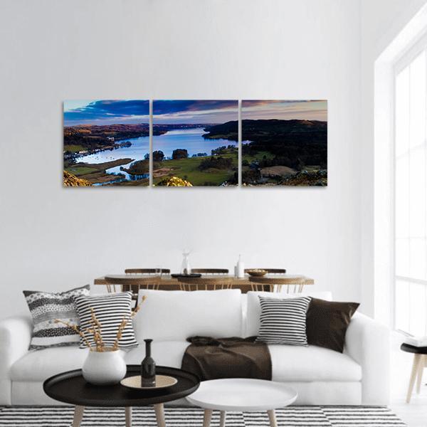 Lake Windermere Twilight View Panoramic Canvas Wall Art in black, green and blue, hung on a wall