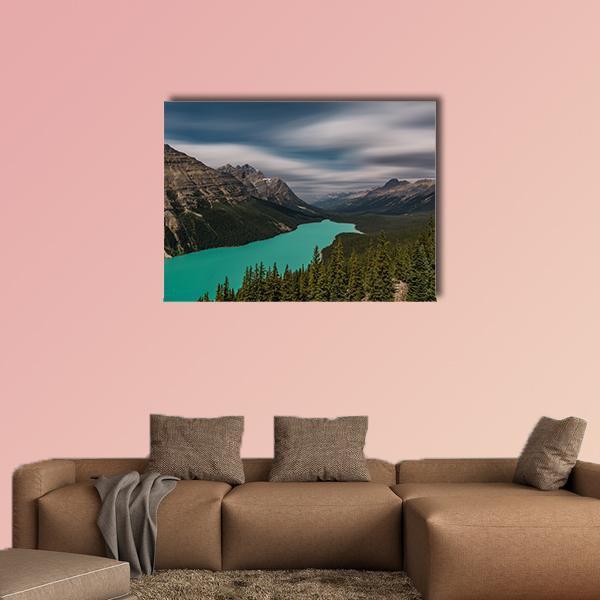 View Over Peyto Lake Canvas Wall Art in gray, green and blue, single panel hung on a wall