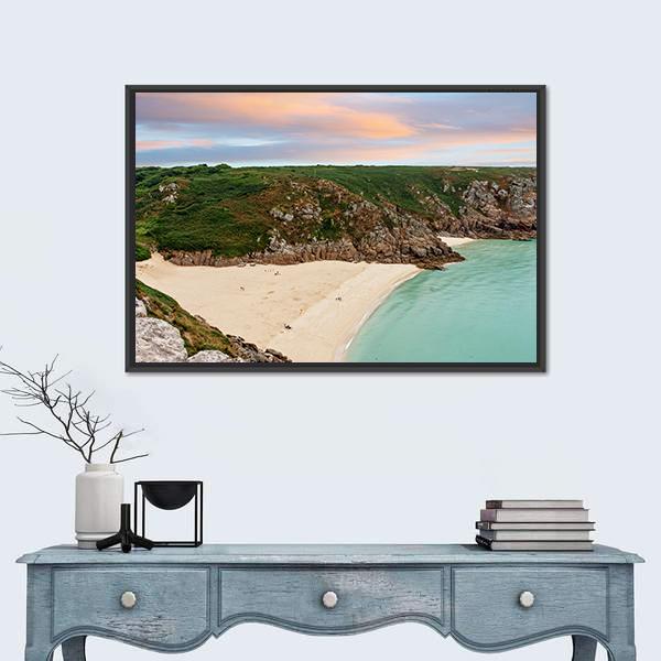 View Over Porthcurno Beach Canvas Wall Art-1 Piece-Floating Frame-24" x 16"-Tiaracle