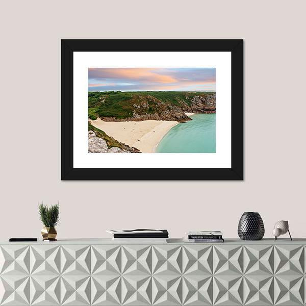 View Over Porthcurno Beach Canvas Wall Art-1 Piece-Framed Print-20" x 16"-Tiaracle