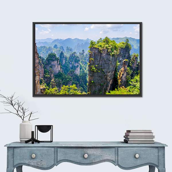 View Over Tall Sandstone Columns And Formations In Zhangjiajie Canvas Wall Art-1 Piece-Floating Frame-24" x 16"-Tiaracle