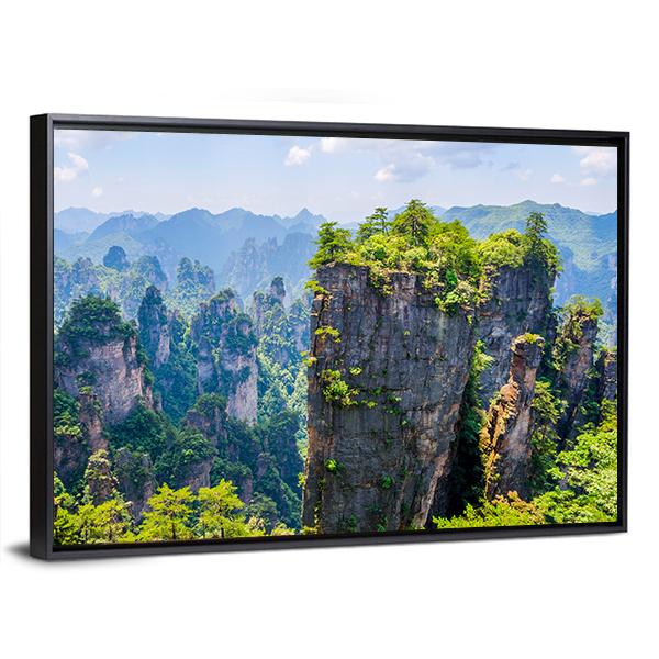 View Over Tall Sandstone Columns And Formations In Zhangjiajie Canvas Wall Art-3 Horizontal-Gallery Wrap-25" x 16"-Tiaracle