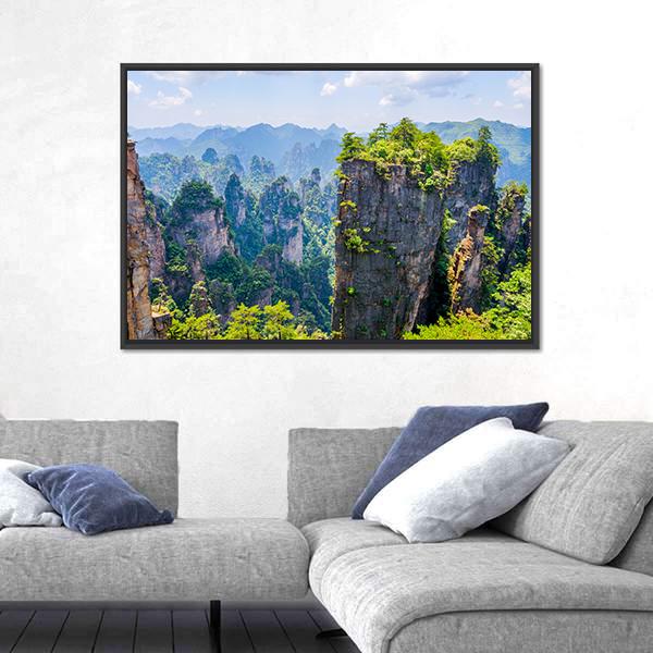 View Over Tall Sandstone Columns And Formations In Zhangjiajie Canvas Wall Art-3 Horizontal-Gallery Wrap-25" x 16"-Tiaracle