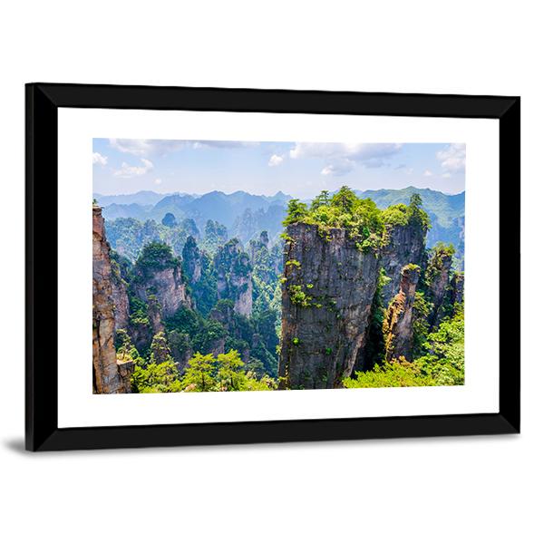 View Over Tall Sandstone Columns And Formations In Zhangjiajie Canvas Wall Art-3 Horizontal-Gallery Wrap-25" x 16"-Tiaracle