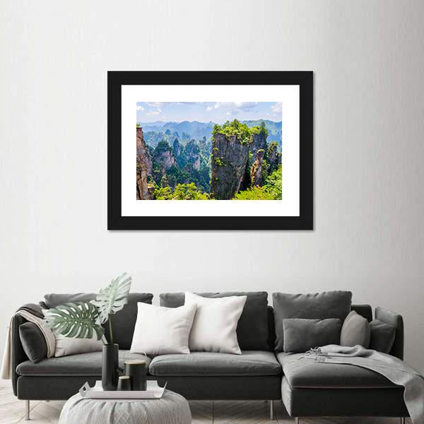 View Over Tall Sandstone Columns And Formations In Zhangjiajie Canvas Wall Art-3 Horizontal-Gallery Wrap-25" x 16"-Tiaracle