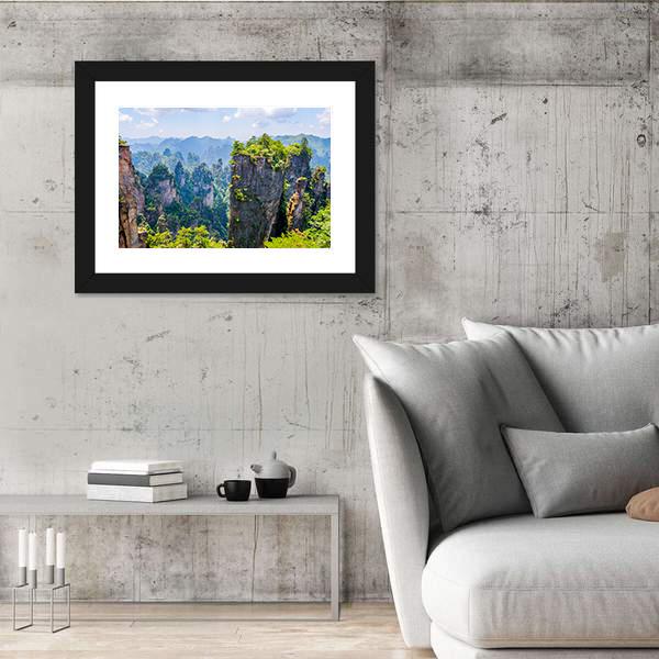 View Over Tall Sandstone Columns And Formations In Zhangjiajie Canvas Wall Art-3 Horizontal-Gallery Wrap-25" x 16"-Tiaracle