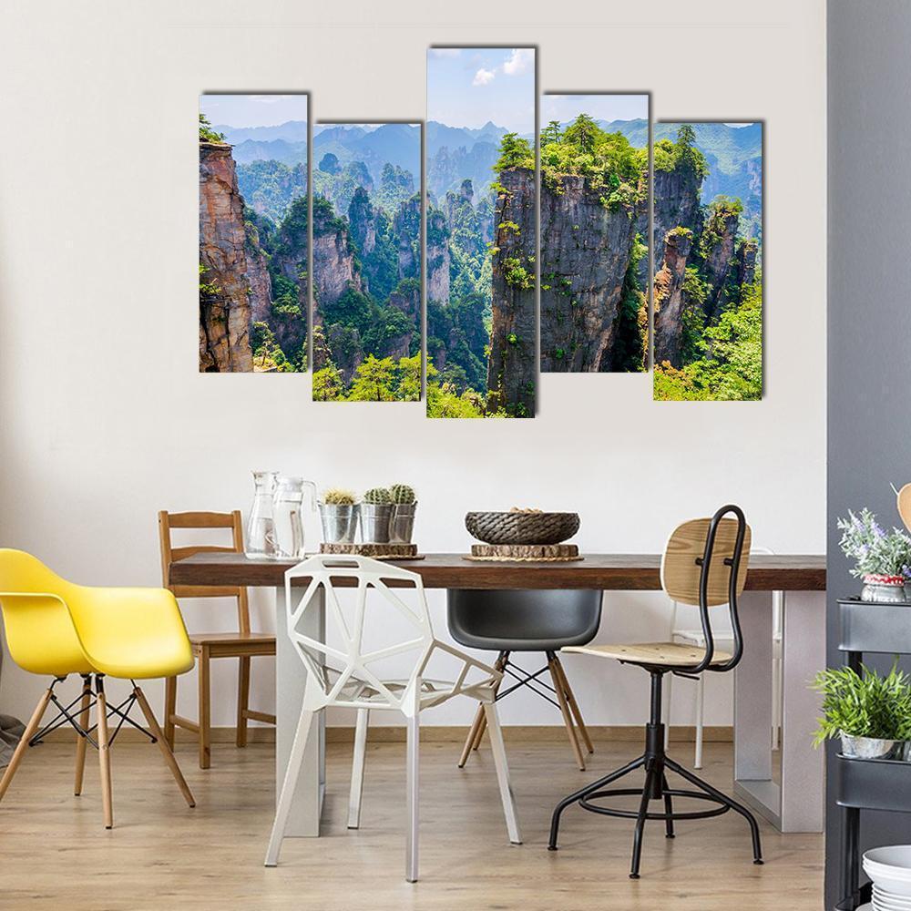 View Over Tall Sandstone Columns And Formations In Zhangjiajie Canvas Wall Art-5 Pop-Gallery Wrap-47" x 32"-Tiaracle