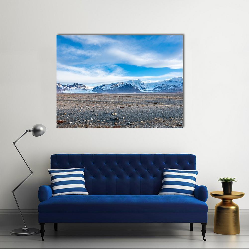 Viewpoint to Hvannadalshnukur Peak Canvas Wall Art in white, gray and blue, single panel hung on a wall