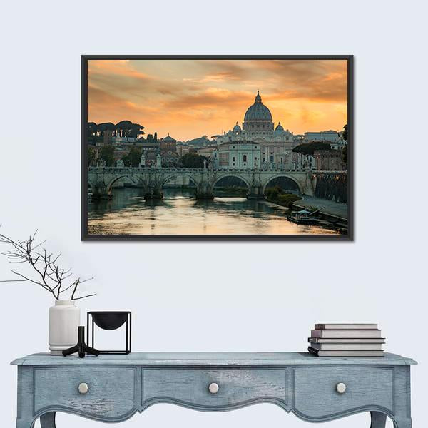 View To Bridge And Vatican City At Sunset Canvas Wall Art-1 Piece-Floating Frame-24" x 16"-Tiaracle
