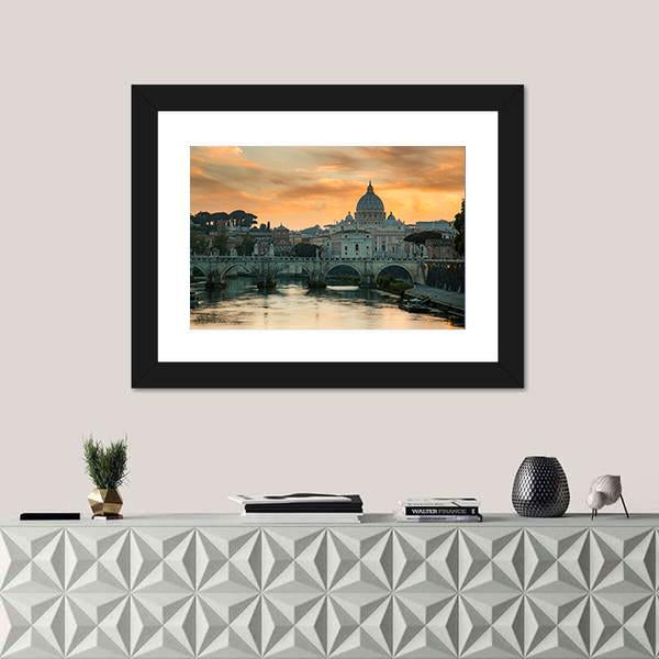 View To Bridge And Vatican City At Sunset Canvas Wall Art-1 Piece-Framed Print-20" x 16"-Tiaracle