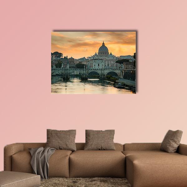 View To Bridge And Vatican City At Sunset Canvas Wall Art-1 Piece-Gallery Wrap-48" x 32"-Tiaracle