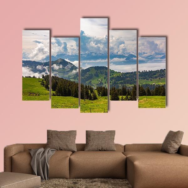 View To Swiss Alps From Rigi Kulm In Switzerland Canvas Wall Art-5 Pop-Gallery Wrap-47" x 32"-Tiaracle