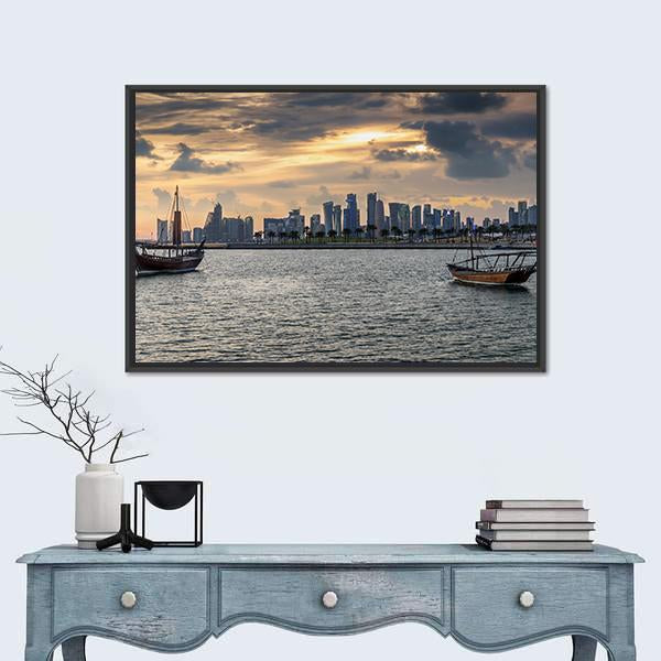 View To The Bay Of Doha Canvas Wall Art-1 Piece-Floating Frame-24" x 16"-Tiaracle