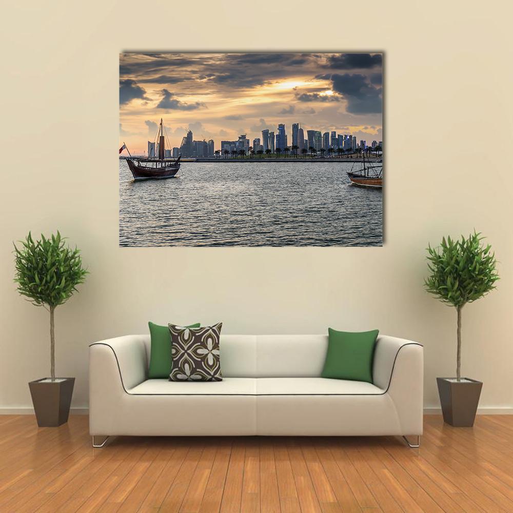 Doha Bay Sunset with Dhow Boat Canvas Wall Art in gray, yellow and blue, single panel hung on a wall