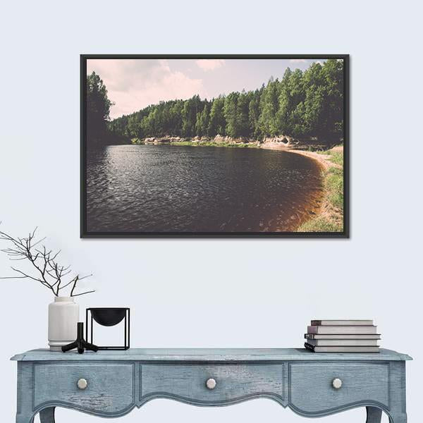 View To The Mountain River In Summer Canvas Wall Art-1 Piece-Floating Frame-24" x 16"-Tiaracle