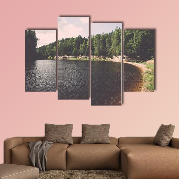View To The Mountain River In Summer Canvas Wall Art-4 Pop-Gallery Wrap-50" x 32"-Tiaracle