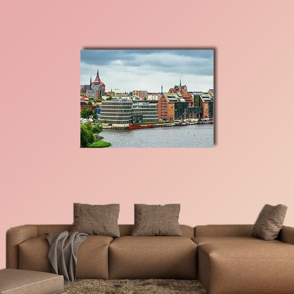 View of Rostock Port and City Canvas Wall Art in gray, brown and blue, single panel hung on a wall