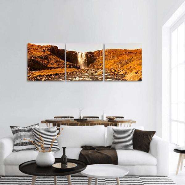 View To The Waterfall In Iceland Panoramic Canvas Wall Art-3 Piece-25" x 08"-Tiaracle