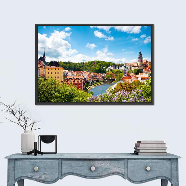 View To Tower Of Cesky Krumlov Canvas Wall Art-1 Piece-Floating Frame-24" x 16"-Tiaracle