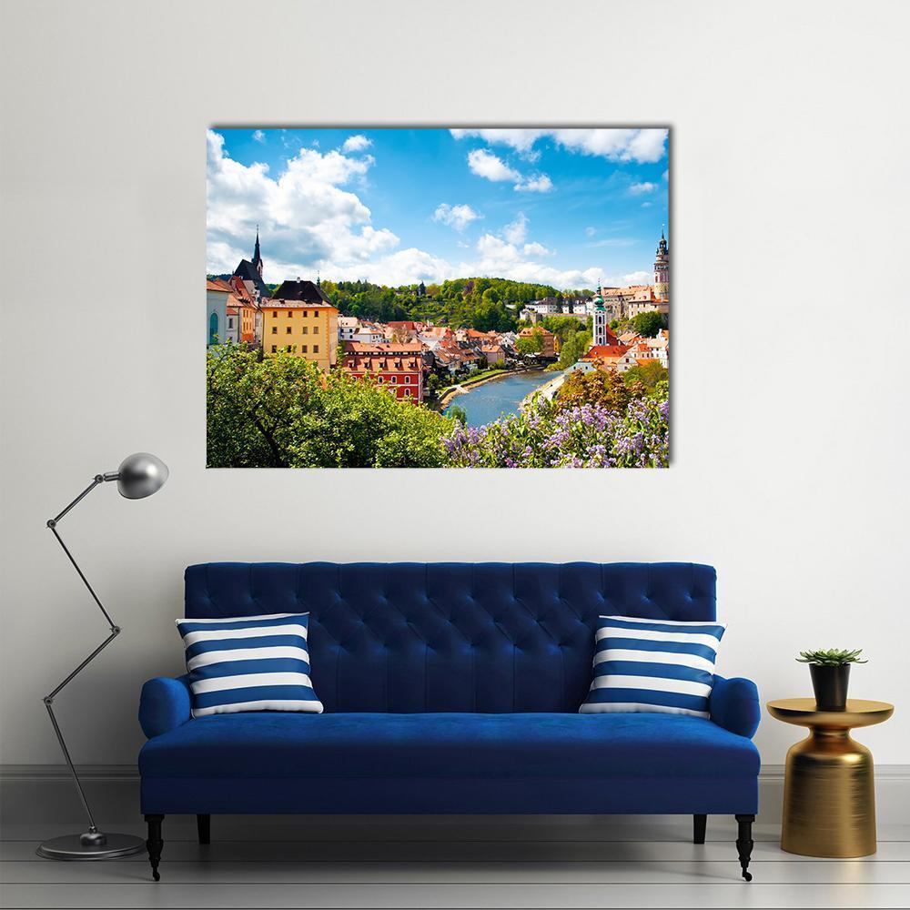 Cesky Krumlov Tower View Canvas Wall Art in green, blue and multicolor, single panel hung on a wall