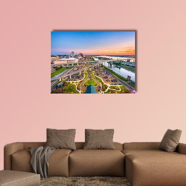Mud Island Aerial View at Dusk Canvas Wall Art in orange, green and blue, single panel hung on a wall