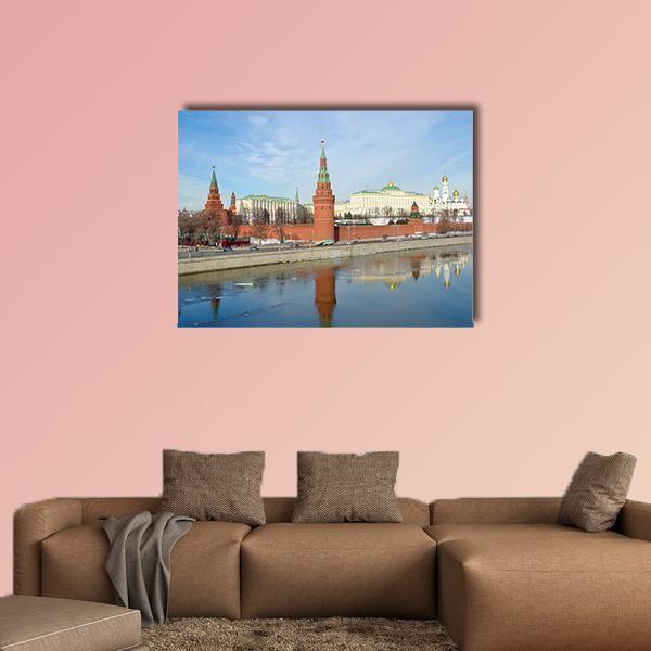 Moscow Kremlin Along the Moskva River Canvas Wall Art in brown, red and blue, single panel hung on a wall