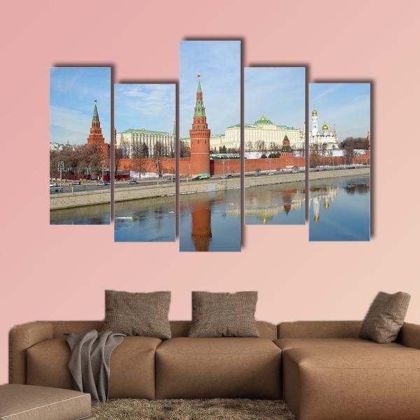 Views Of Moscow Kremlin And Kremlevskaya Embankment Canvas Wall Art-5 Pop-Gallery Wrap-47" x 32"-Tiaracle