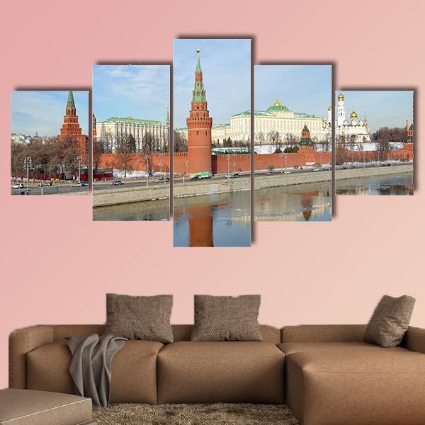 Views Of Moscow Kremlin And Kremlevskaya Embankment Canvas Wall Art-5 Pop-Gallery Wrap-47" x 32"-Tiaracle