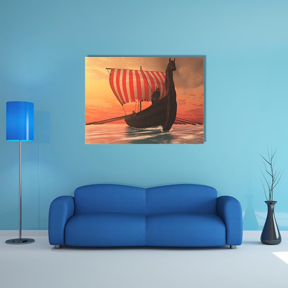Viking Longship at Sunset Canvas Wall Art in brown, red and orange, single panel hung on a wall