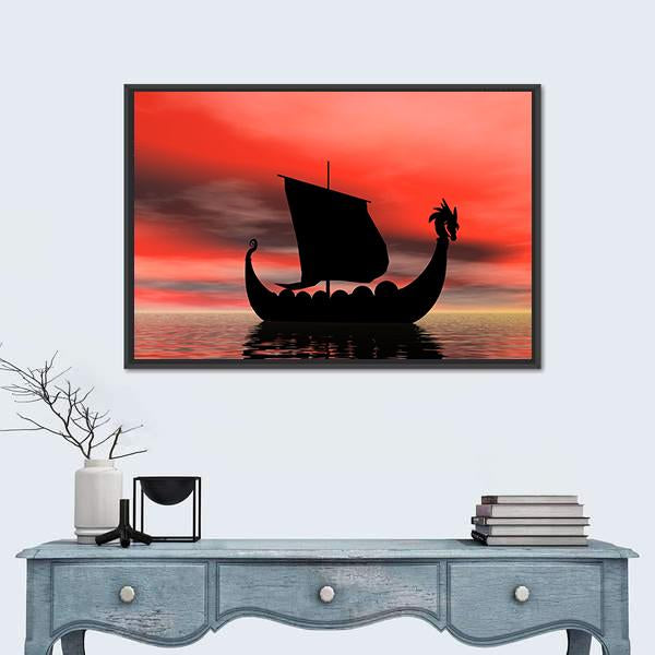 Viking Ship At Sundown Canvas Wall Art-1 Piece-Floating Frame-24" x 16"-Tiaracle
