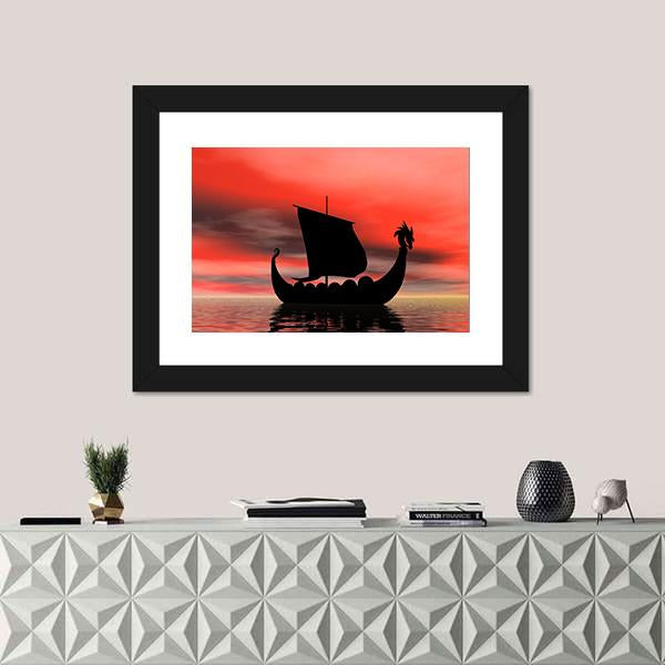Viking Ship At Sundown Canvas Wall Art-1 Piece-Framed Print-20" x 16"-Tiaracle