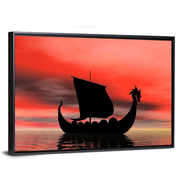 Viking Ship At Sundown Canvas Wall Art-3 Horizontal-Gallery Wrap-25" x 16"-Tiaracle