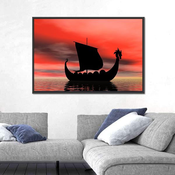 Viking Ship At Sundown Canvas Wall Art-5 Horizontal-Gallery Wrap-22" x 12"-Tiaracle