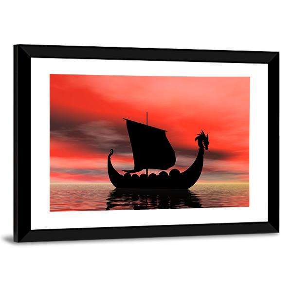 Viking Ship At Sundown Canvas Wall Art-3 Horizontal-Gallery Wrap-25" x 16"-Tiaracle