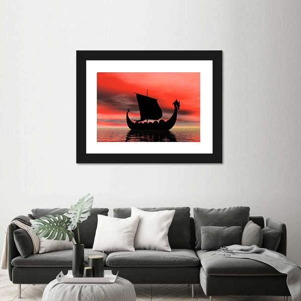 Viking Ship At Sundown Canvas Wall Art-5 Horizontal-Gallery Wrap-22" x 12"-Tiaracle