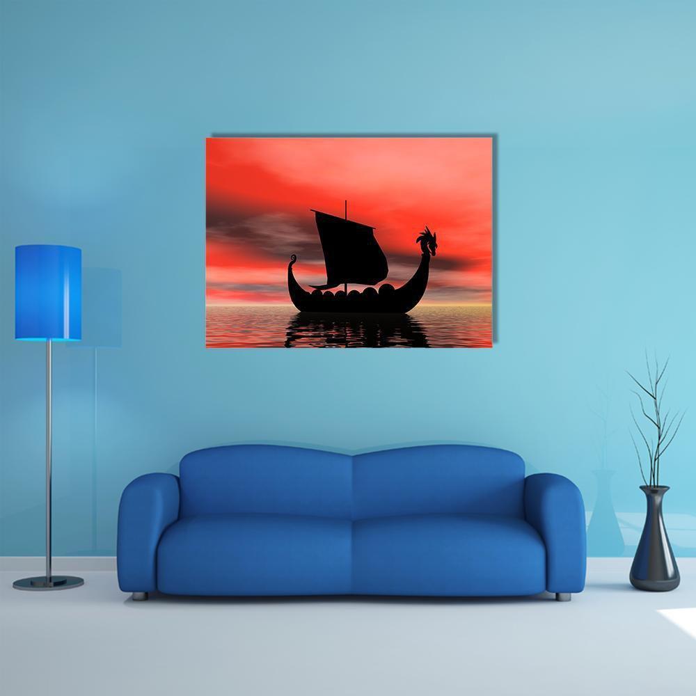 Viking Ship at Sundown Canvas Wall Art in black, red and orange, single panel hung on a wall
