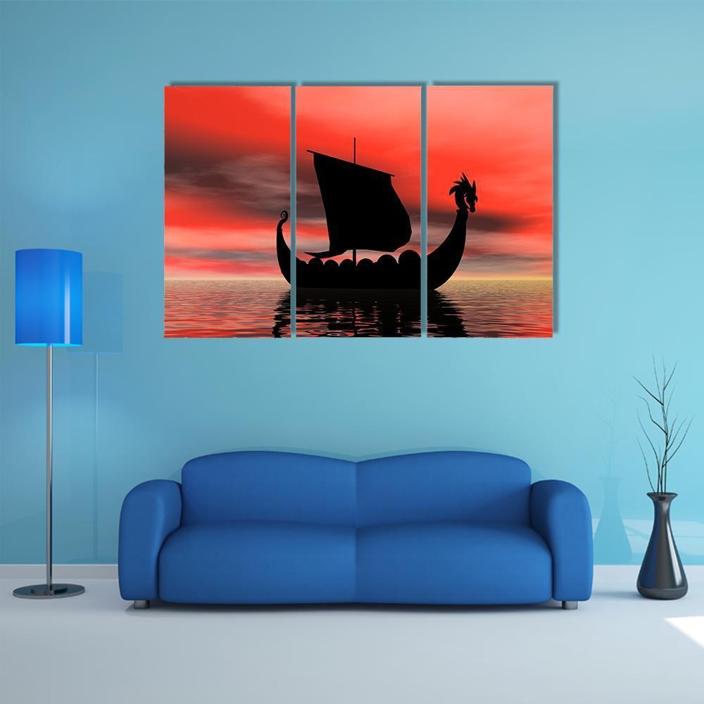 Viking Ship At Sundown Canvas Wall Art-3 Horizontal-Gallery Wrap-37" x 24"-Tiaracle
