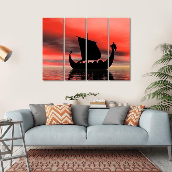 Viking Ship At Sundown Canvas Wall Art-4 Horizontal-Gallery Wrap-34" x 24"-Tiaracle