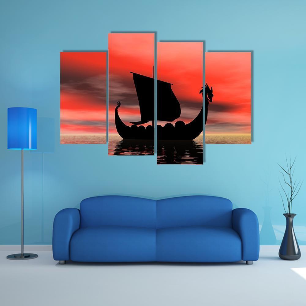 Viking Ship At Sundown Canvas Wall Art-4 Pop-Gallery Wrap-50" x 32"-Tiaracle