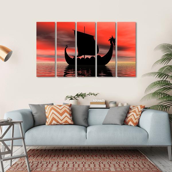 Viking Ship At Sundown Canvas Wall Art-5 Horizontal-Gallery Wrap-22" x 12"-Tiaracle