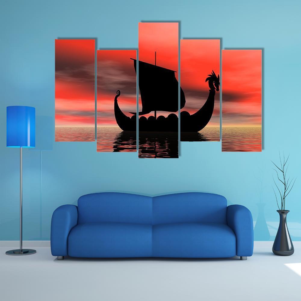Viking Ship At Sundown Canvas Wall Art-5 Pop-Gallery Wrap-47" x 32"-Tiaracle