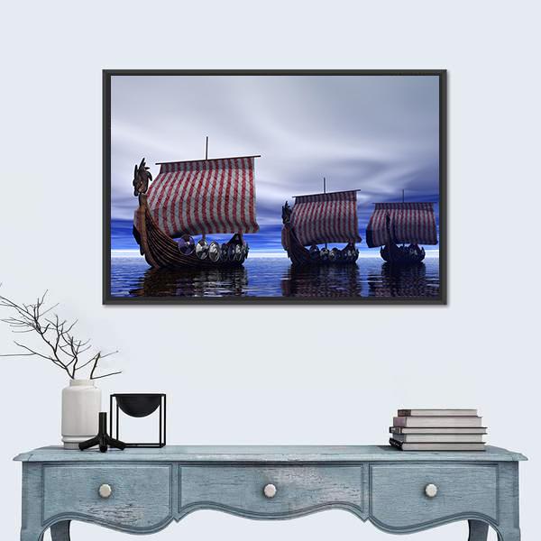 Viking Ships Canvas Wall Art-1 Piece-Floating Frame-24" x 16"-Tiaracle