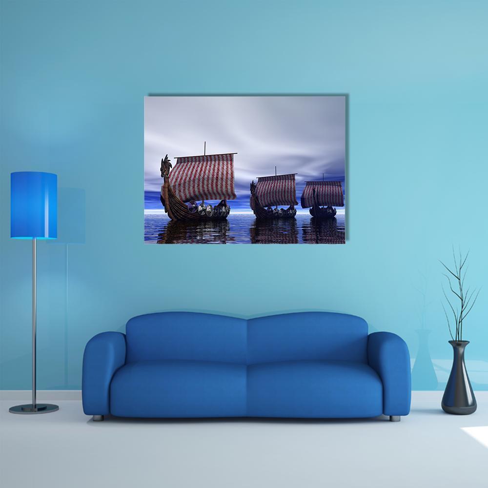 Three Viking Longships at Sea Canvas Wall Art in white, gray and blue, single panel hung on a wall
