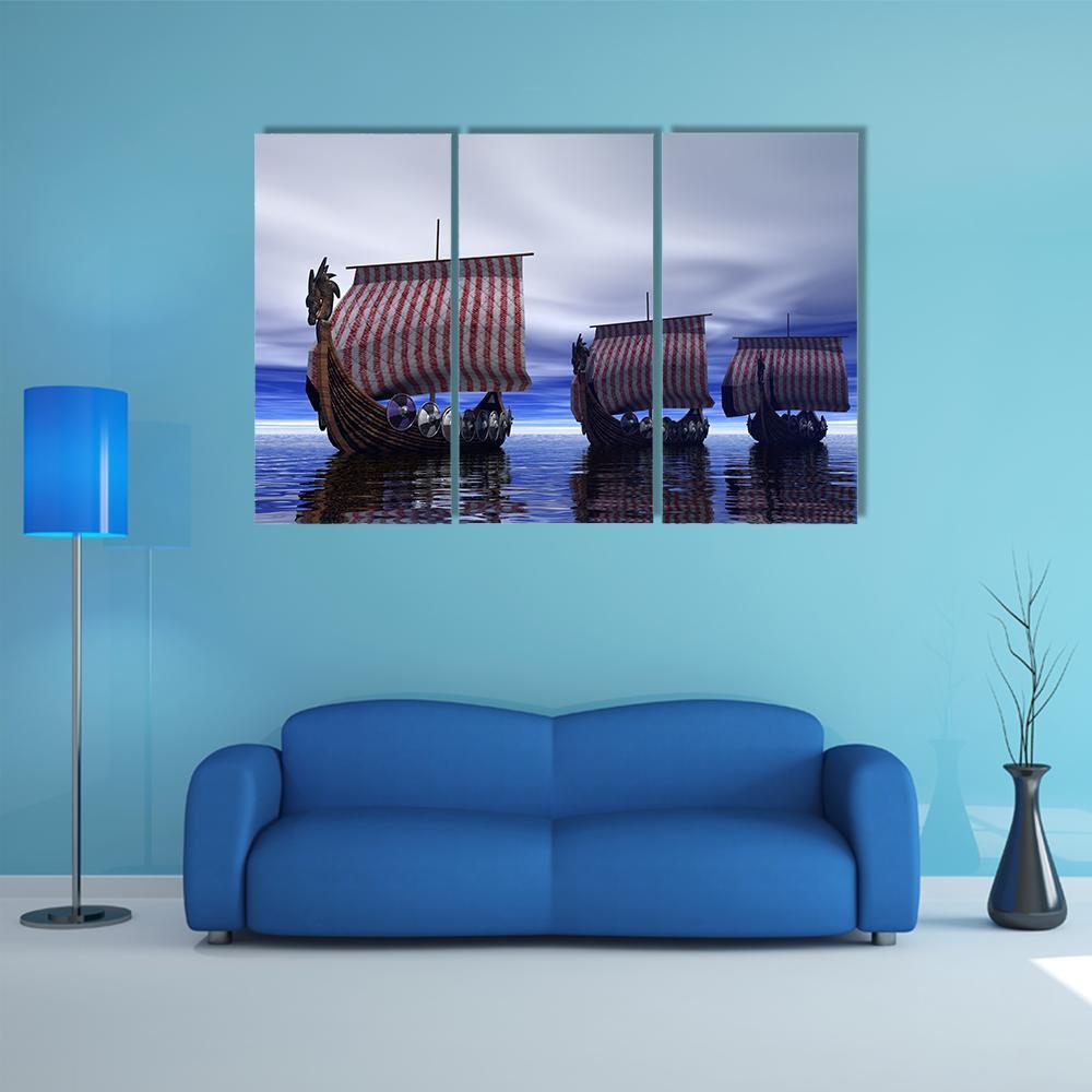 Viking Ships Canvas Wall Art-3 Horizontal-Gallery Wrap-37&quot; x 24&quot;-Tiaracle