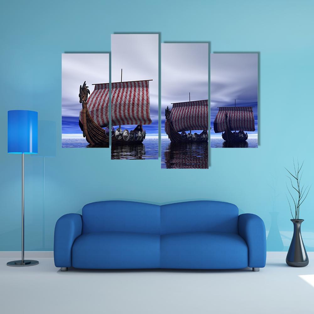 Viking Ships Canvas Wall Art-4 Pop-Gallery Wrap-50&quot; x 32&quot;-Tiaracle